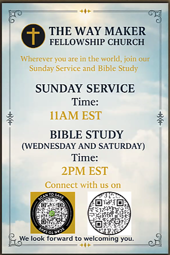 The Way Maker Fellowship Church Sunday Service and Bible Study flyer