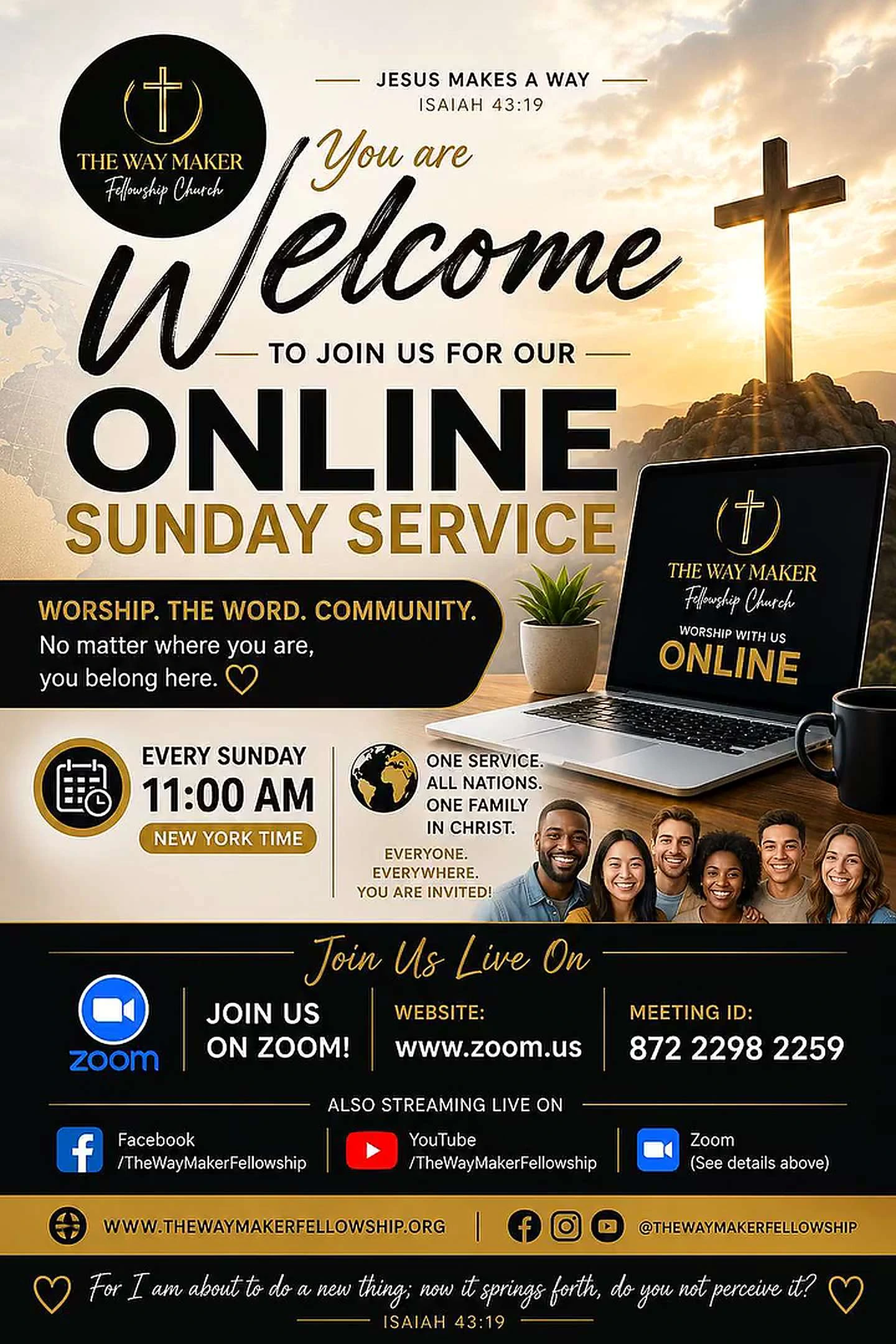 The Way Maker Fellowship Church online Sunday Service flyer